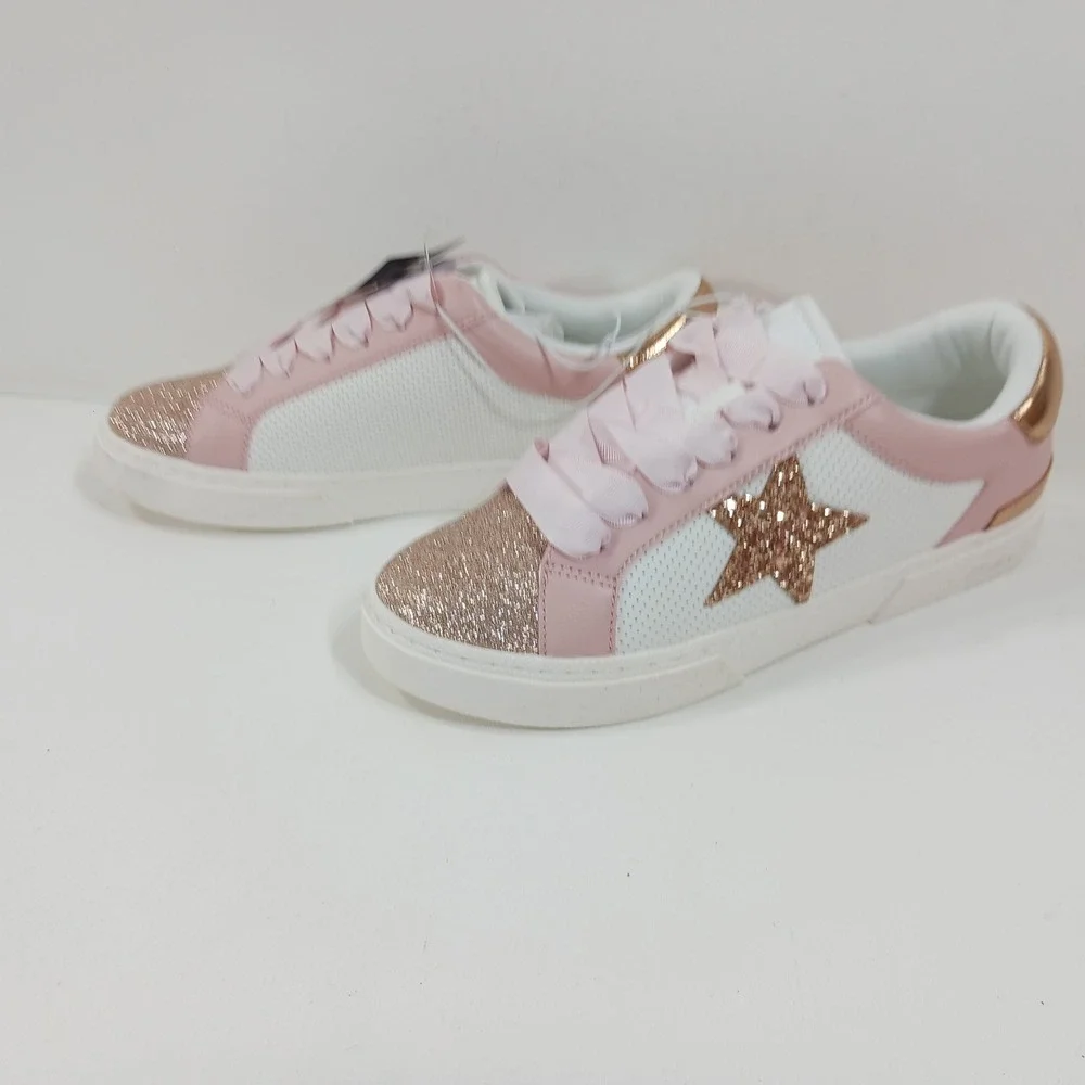 Art Class Kaitlyn Pink White Glitter Star Ribbon Lace Sneakers Girls Size 5 NEW